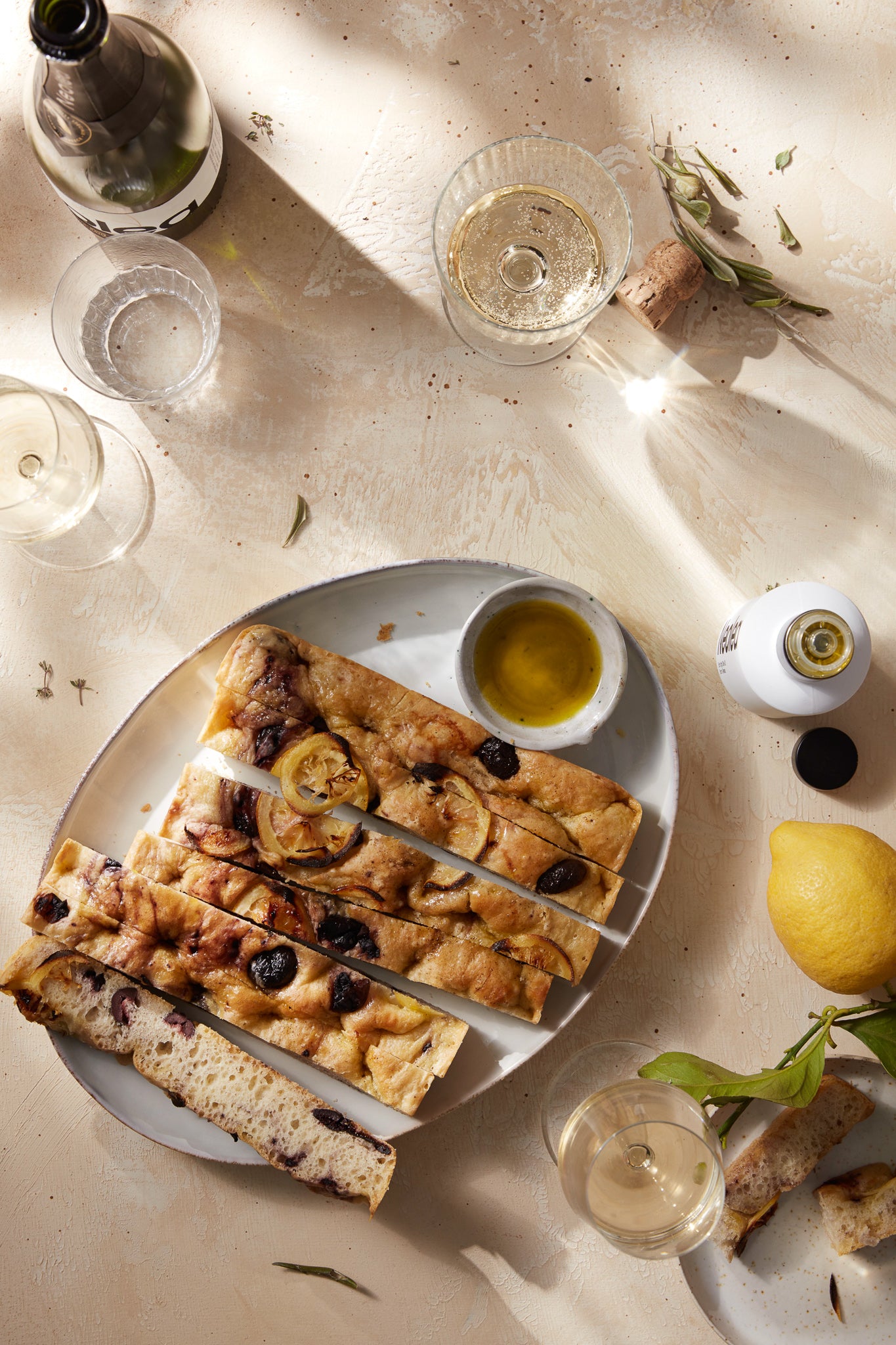 Black olive and lemon focaccia with med herbs sea salt