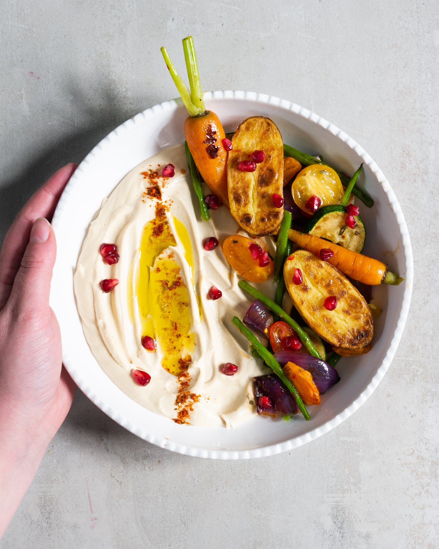 Fresh hummus with roasted veggies