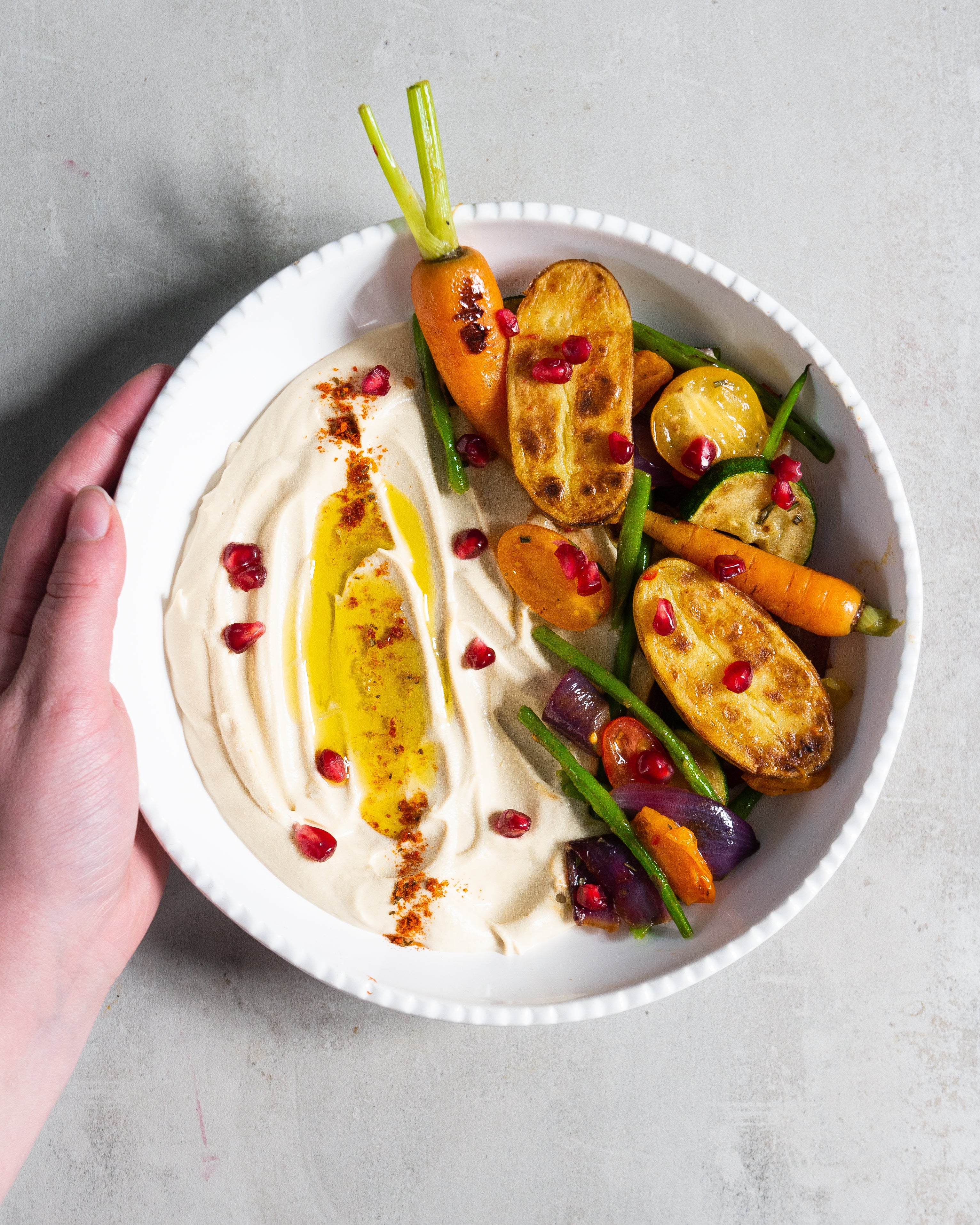 Fresh hummus with roasted veggies