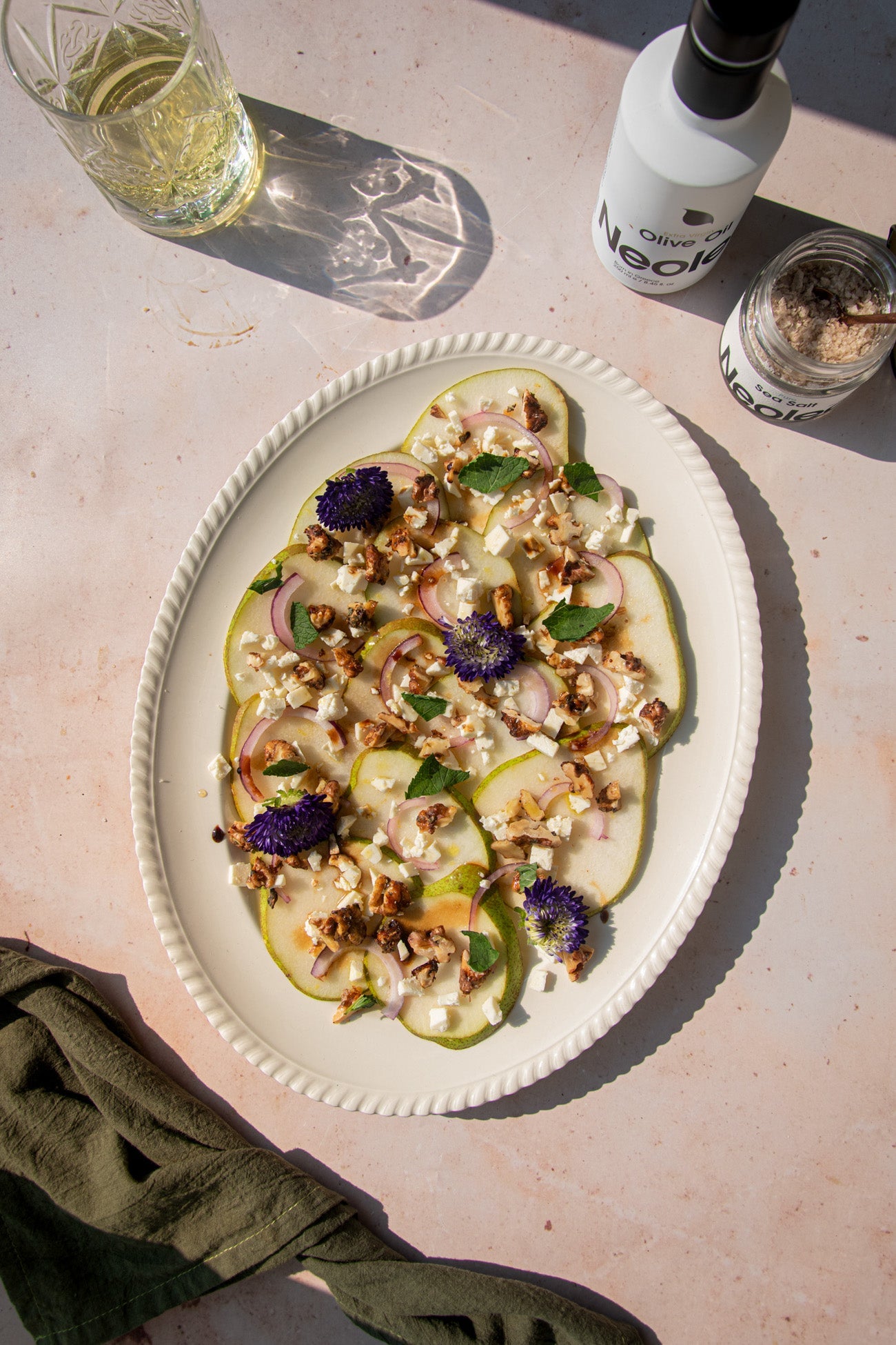 Pear Carpaccio with Feta, Walnut Crunch and Smoked Salted Caramel