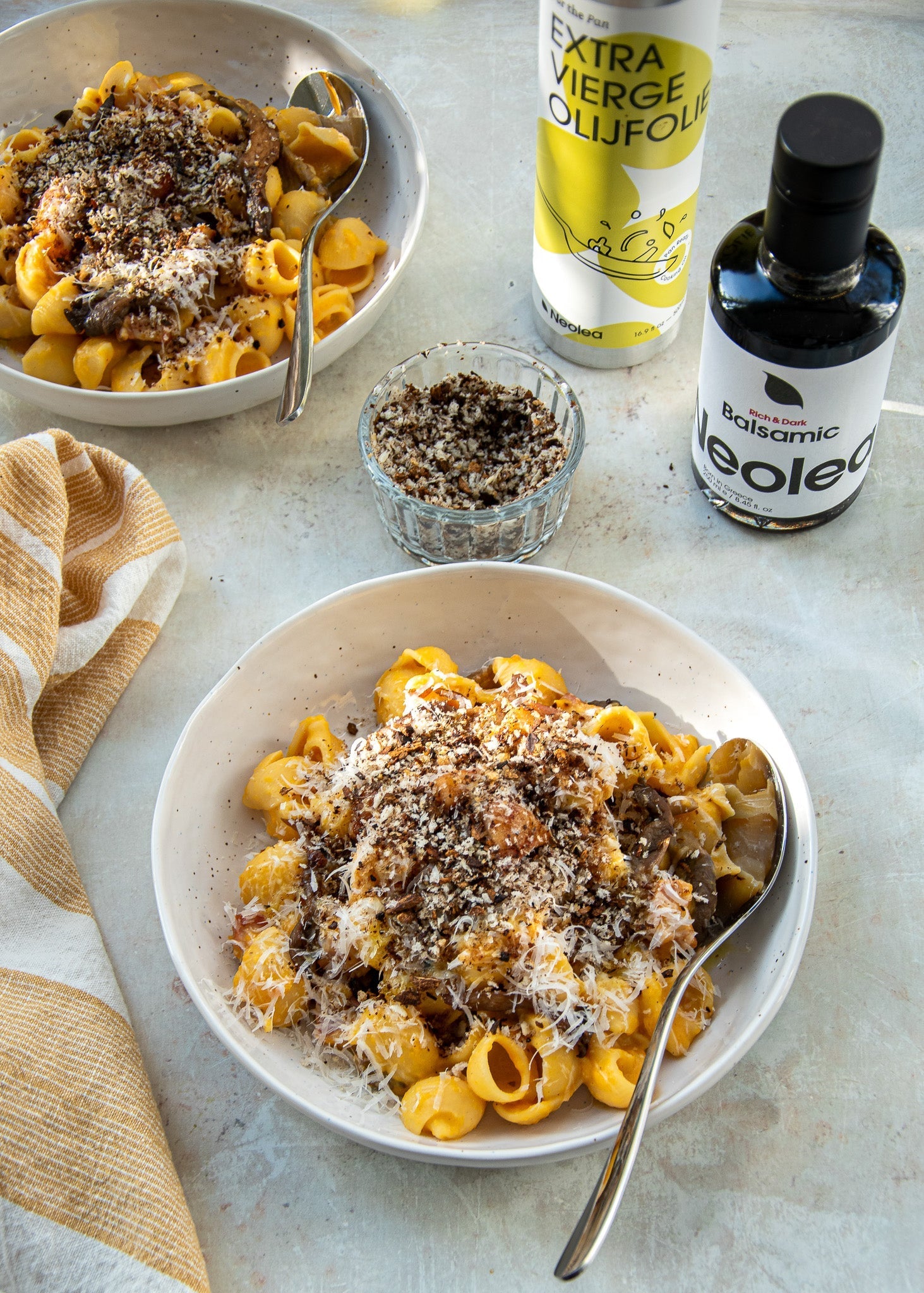 Creamy Pumpkin Rigatoni with Oyster Mushrooms, Guanciale & Porcini Pangrattato